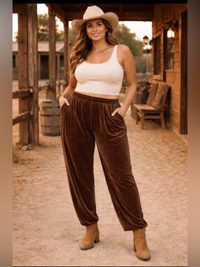 Double D Ranch Velvet Pants 2XL Elastic Waist Brown Western Double D Ranch